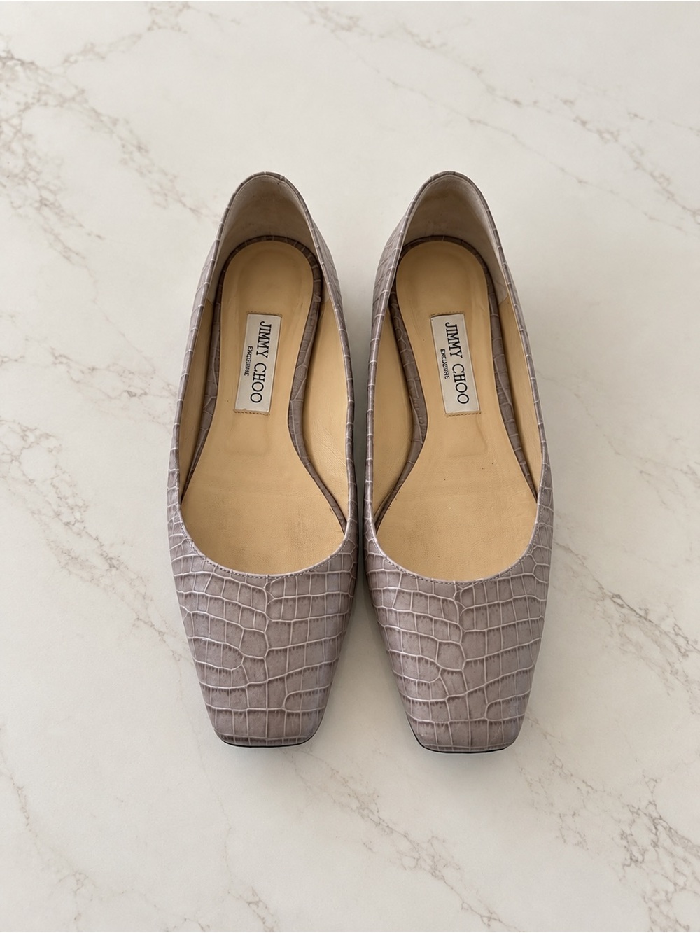 Jimmy Choo Taupe Croc-Embossed Ballet Flats